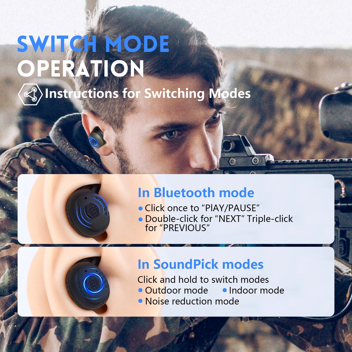 ARM NEXT E30 ear protection, reduce high decibel noise, amplify surrounding earplugs, Bluetooth