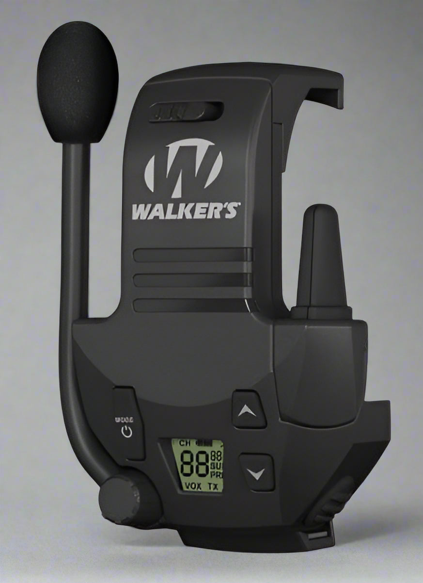 Black Walkers radio receiver with microphone on a gray background