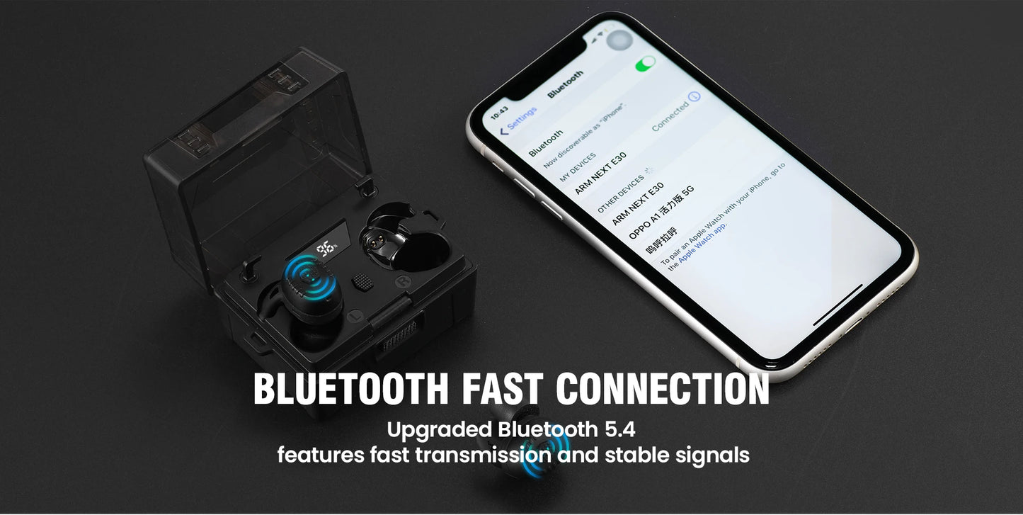 ARM NEXT E30 ear protection, reduce high decibel noise, amplify surrounding earplugs, Bluetooth